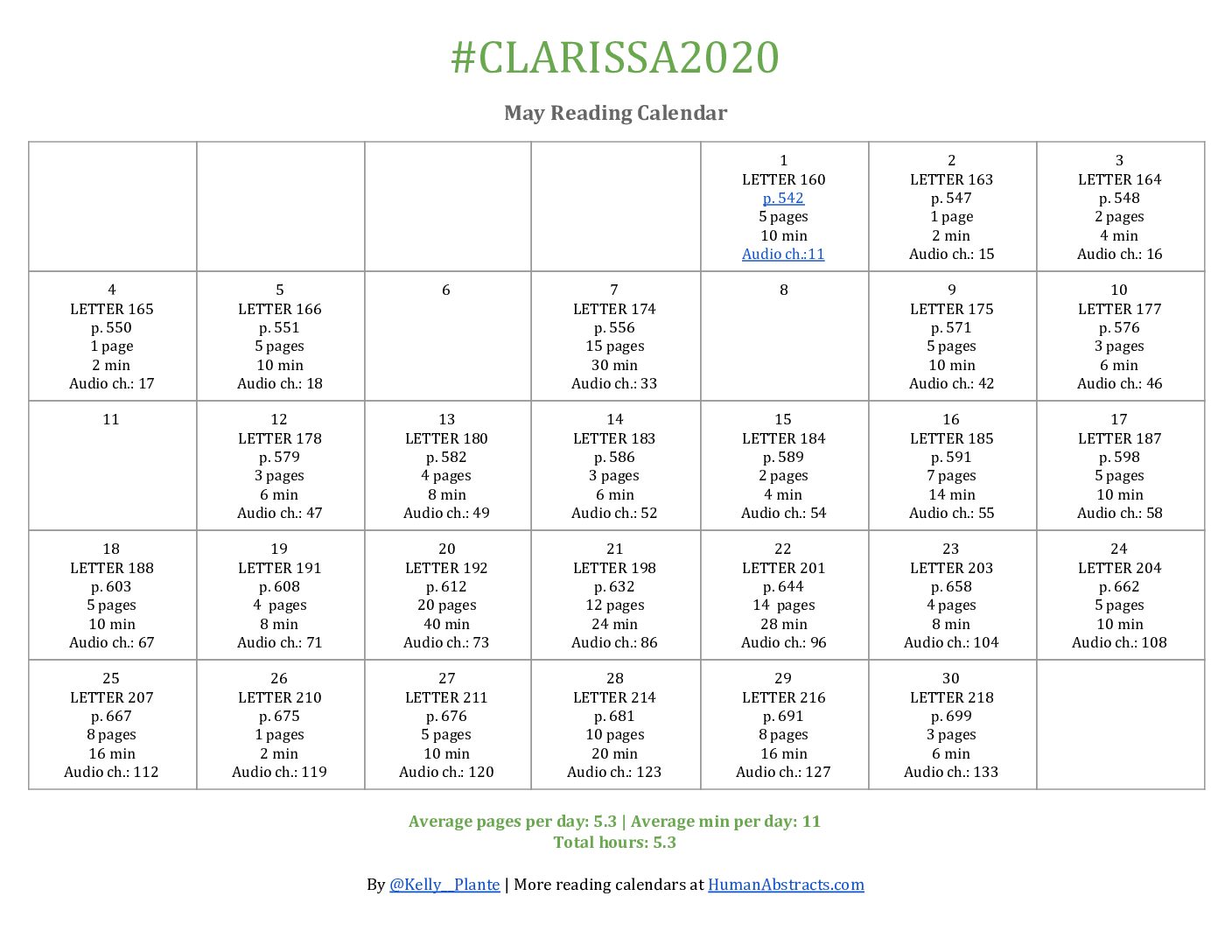 May Reading Calendar for Clarissa2020 Human Abstracts